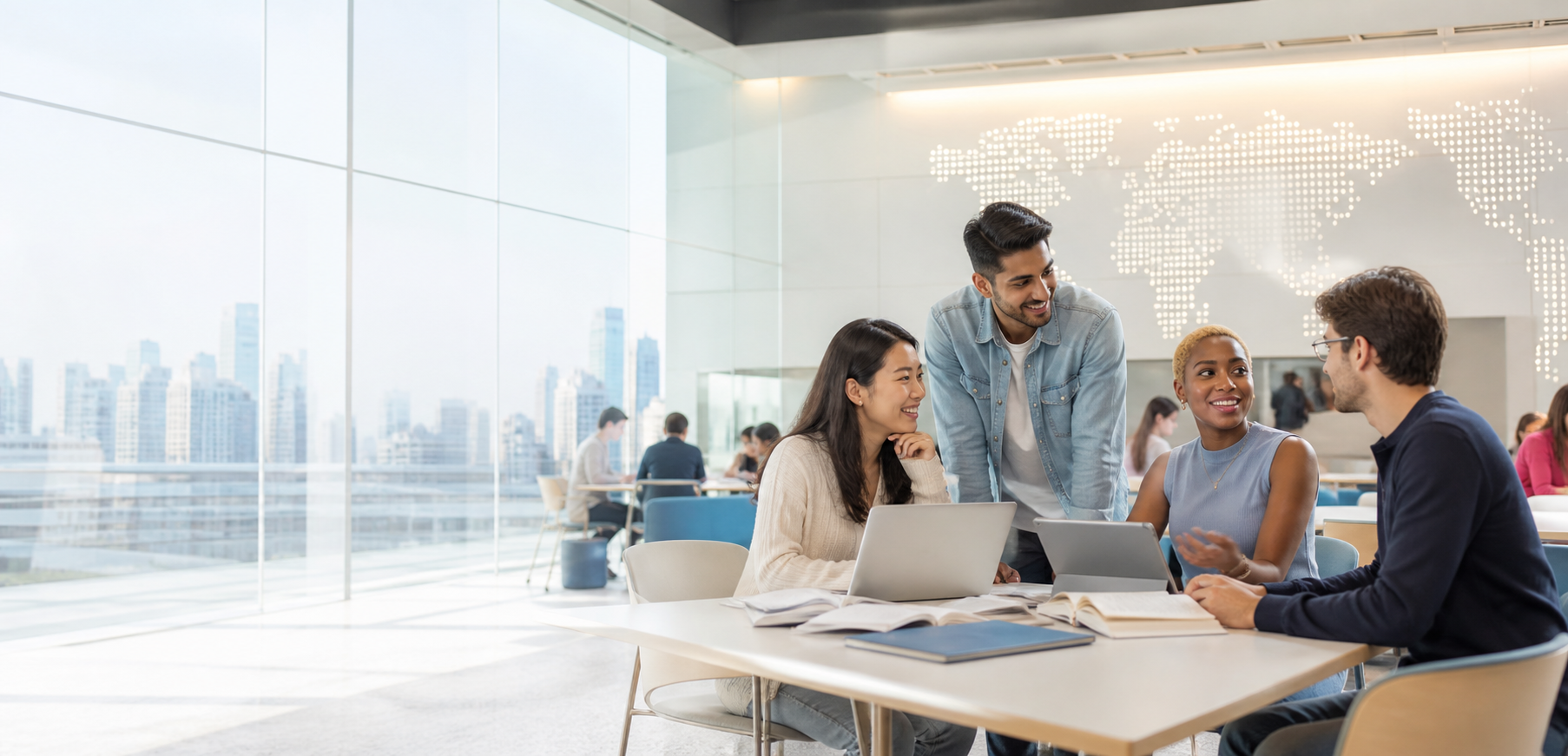 Diverse international students collaborating in a modern global university learning space