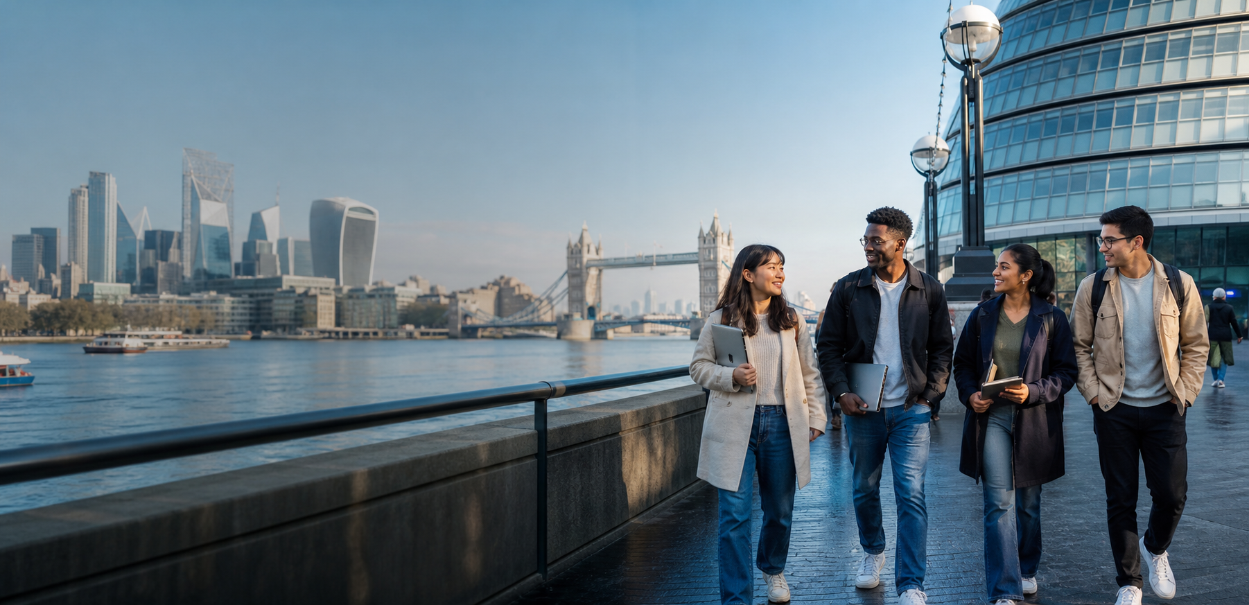 International students walking beside the River Thames with Tower Bridge and the London skyline