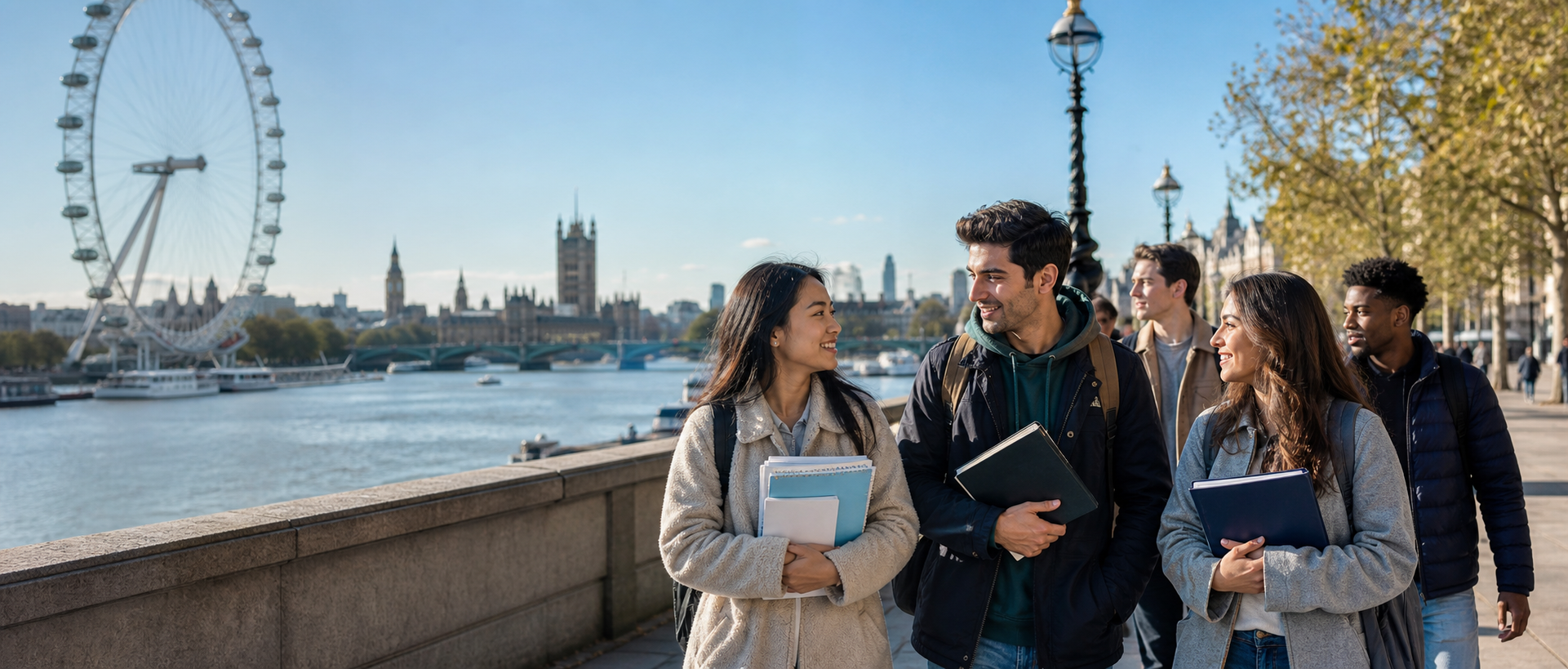International students beside the River Thames with the London Eye and Westminster skyline
