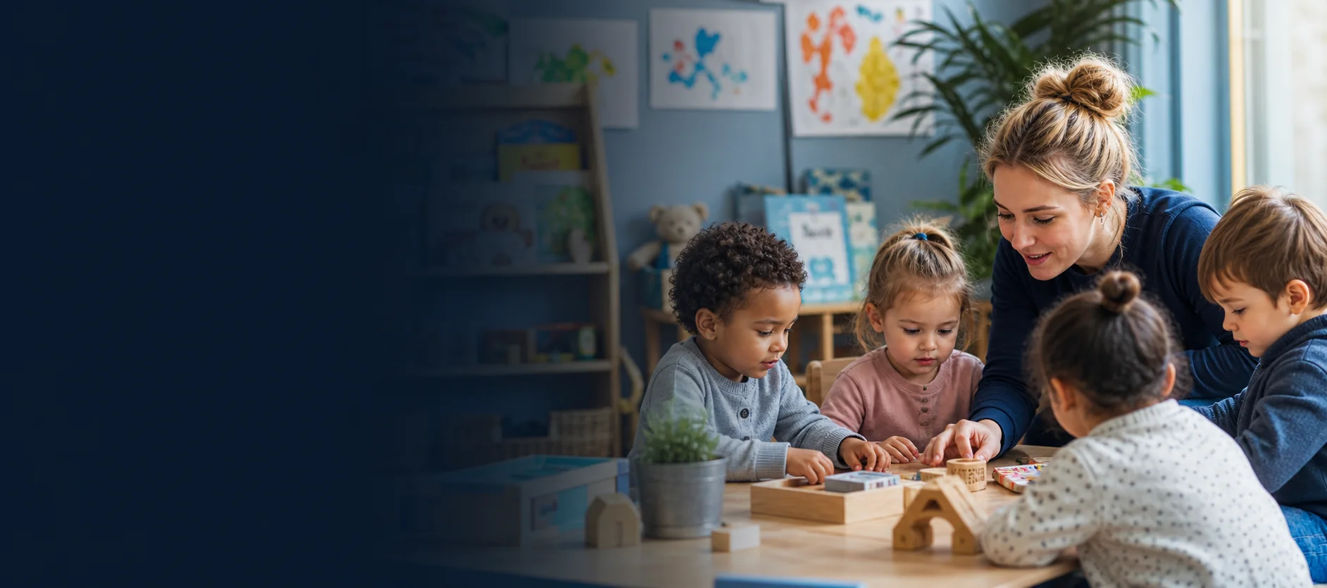 Early years educator guiding young children through a nursery learning activity